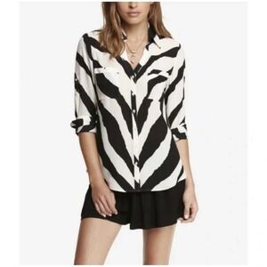 Express‎ Portofino Zebra Print Long Sleeve Button Up Poly Blouse Women's Shirt M